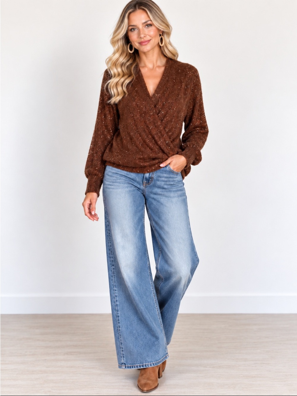 ASTR The Label XL Brown Shimmer Wrap Front V-Neck Sweater